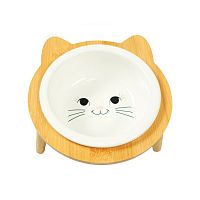 Изображение Миска керамика "Bamboo" белая на бамбуковой подставке с ушками 400мл "Mr.Kranch" от магазина Profzoo